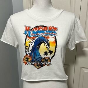 K-Coast Surf Shop Ocean City MD White Cropped  Short Sleeve‎ T-shirt EUC
